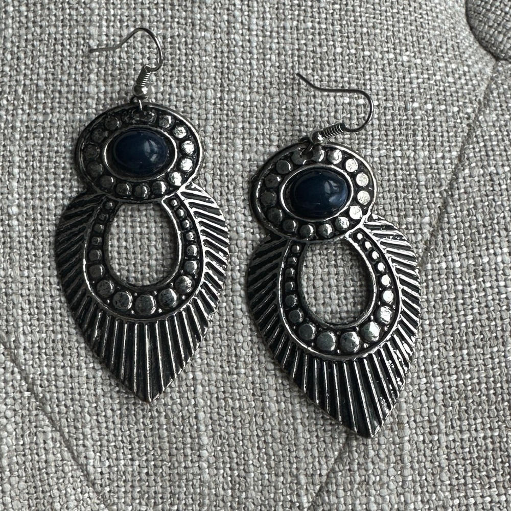 Boho Silver-Tone Dangle Earrings with Dark Blue Stone